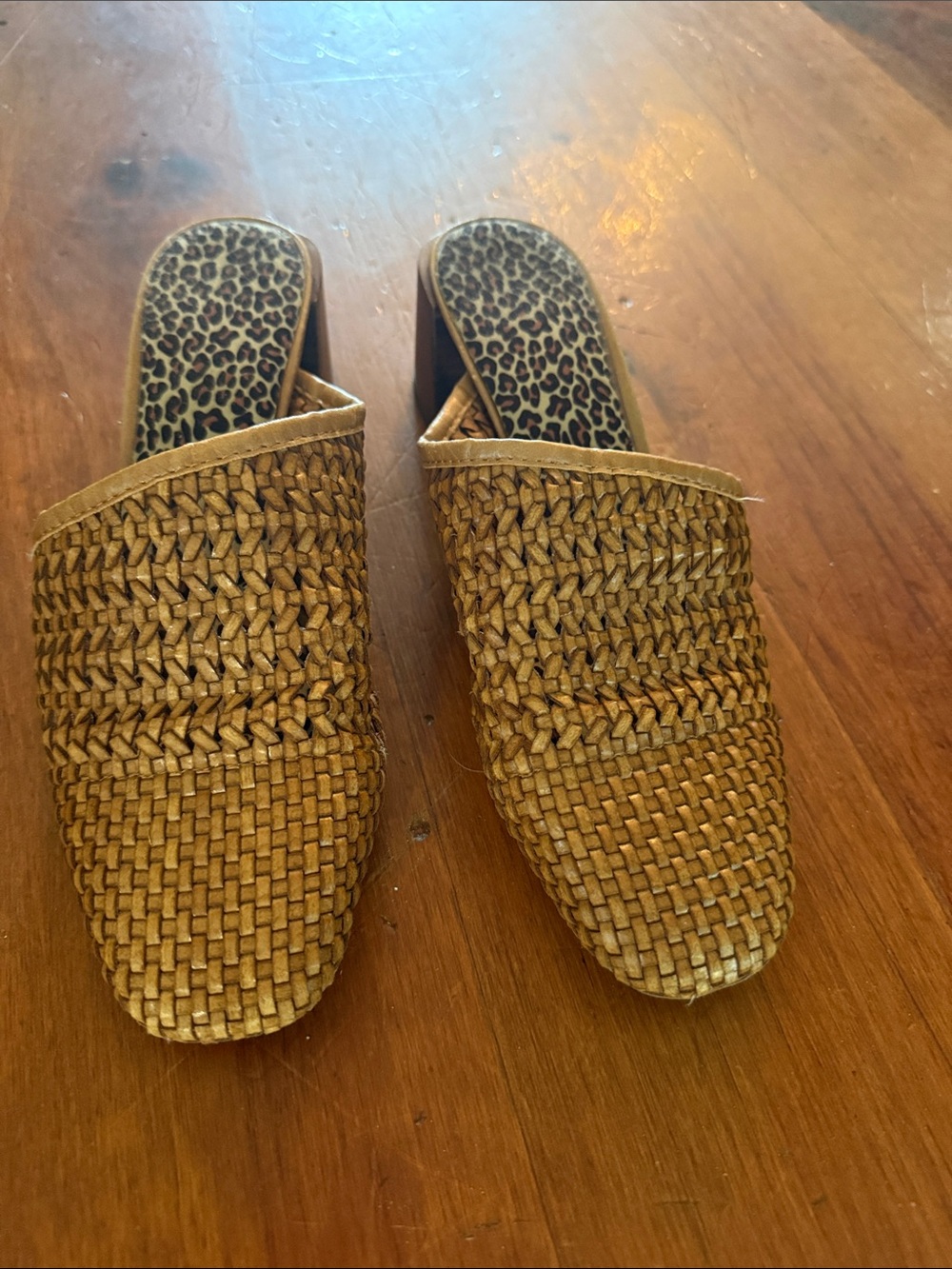 Franco Sarto Woven Tan Mule Slides with Leopard Insole